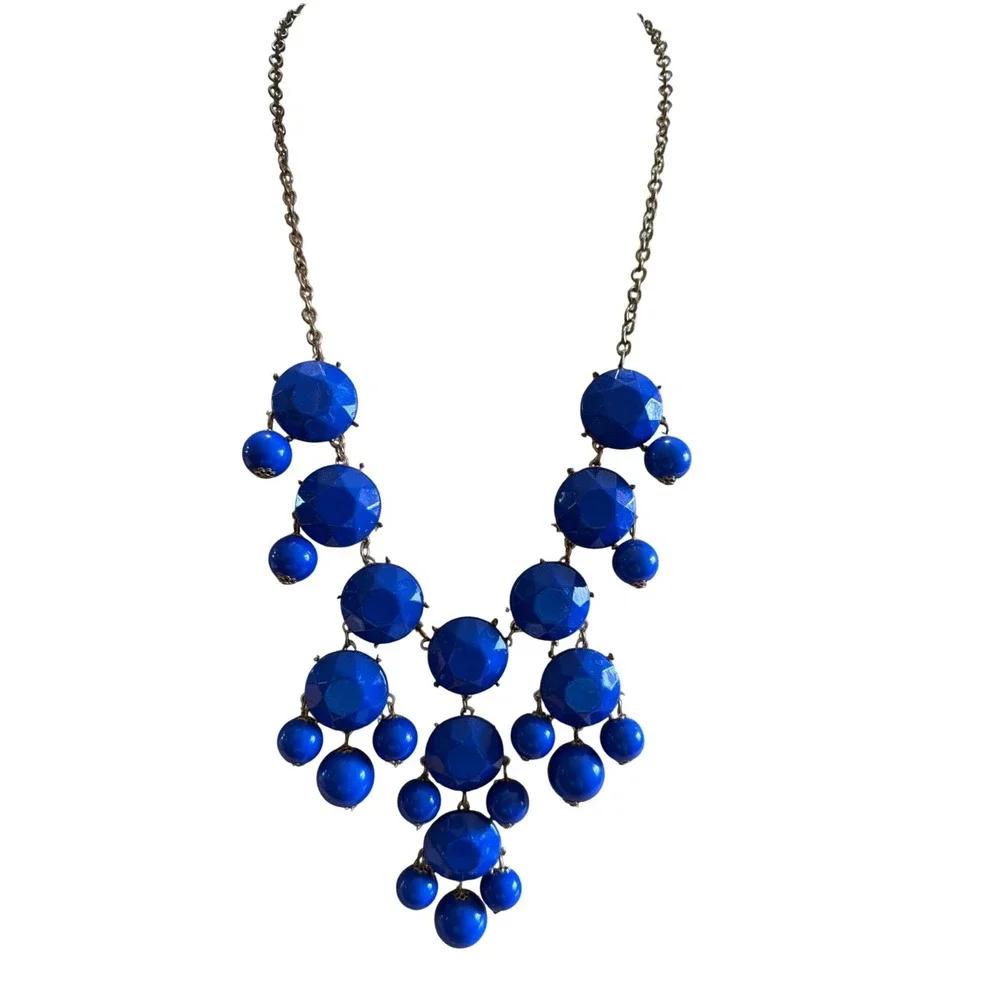 Cobalt Blue Statement Bib Necklace Chunky‎ Faceted Bead Cluster Brass Tone Boho